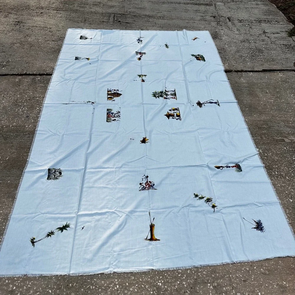 Vintage African Village Scenic Tablecloth 12 Placemats Set Fringed Blue Large